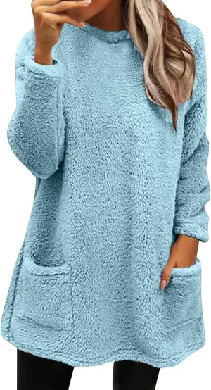 Womens Fuzzy Fleece Pullover Sherpa Sweatshirt Turtleneck Long Sleeve Sweatshirts Winter Warm Outwear Tops with Pockets
