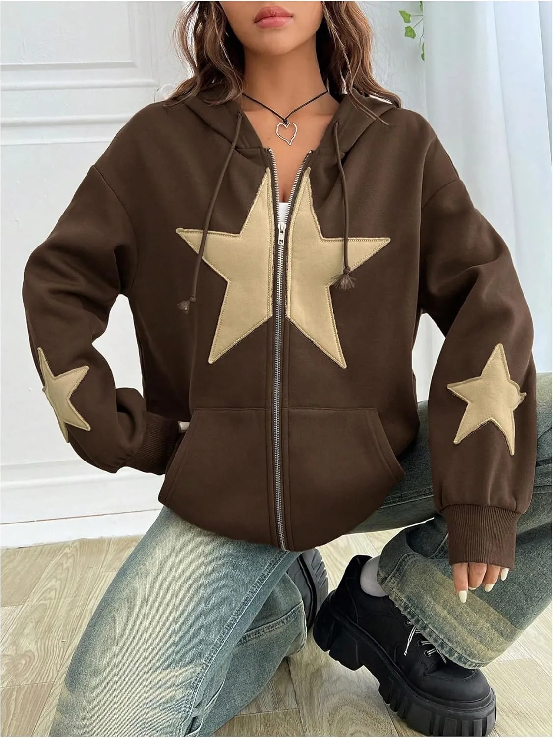 Women's Graphic Zip Up Hoodies Long Sleeve Drawstring Hooded Sweatshirt with Pockets