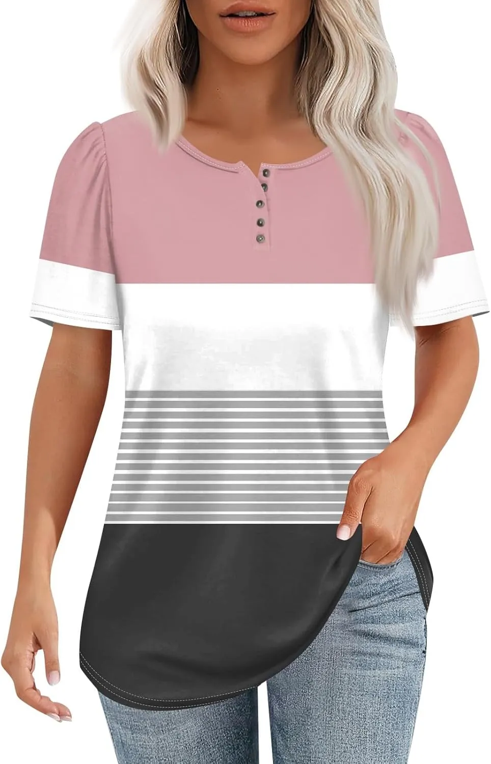 Womens Henley Short Sleeve Summer Dressy Casual Pleated Round Neck Tunic Graphic Tees With Leggings Shirts