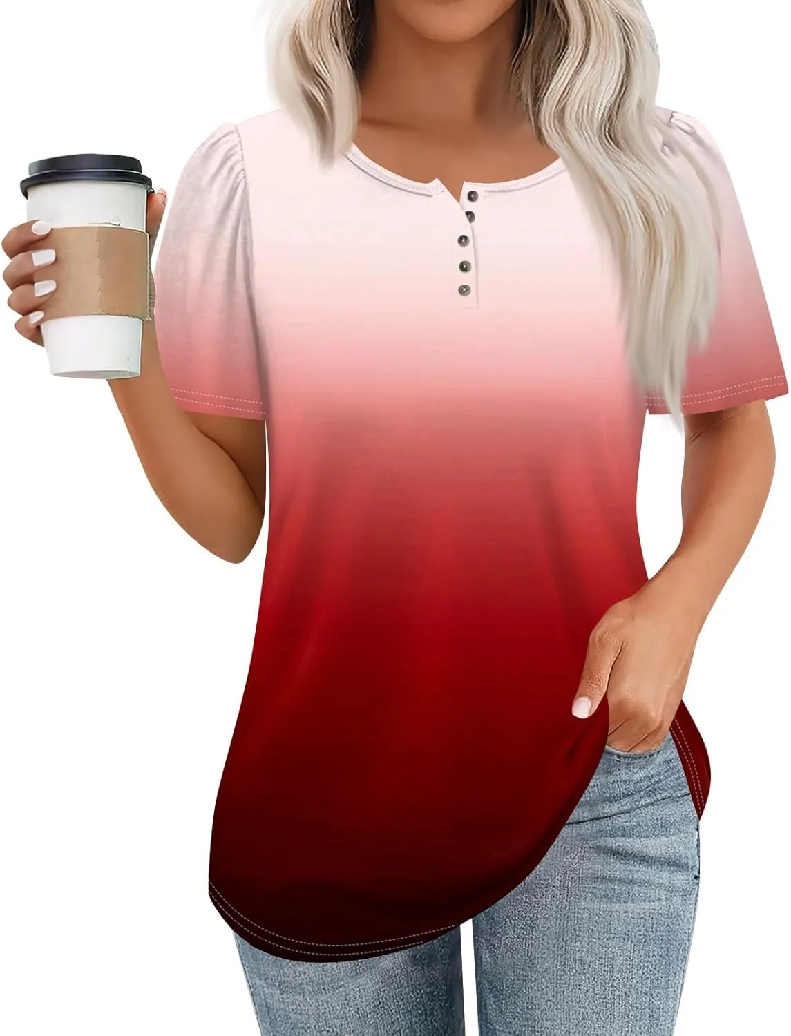 Womens Henley Short Sleeve Summer Dressy Casual Pleated Round Neck Tunic Graphic Tees With Leggings Shirts