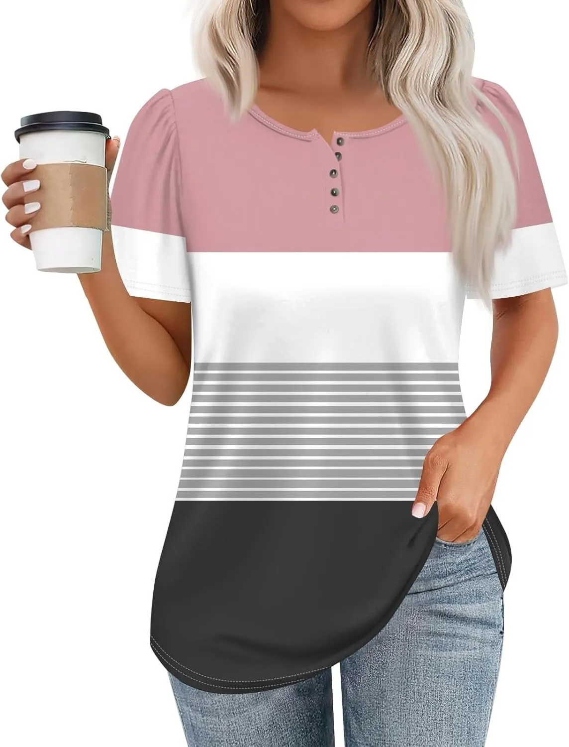 Womens Henley Short Sleeve Summer Dressy Casual Pleated Round Neck Tunic Graphic Tees With Leggings Shirts