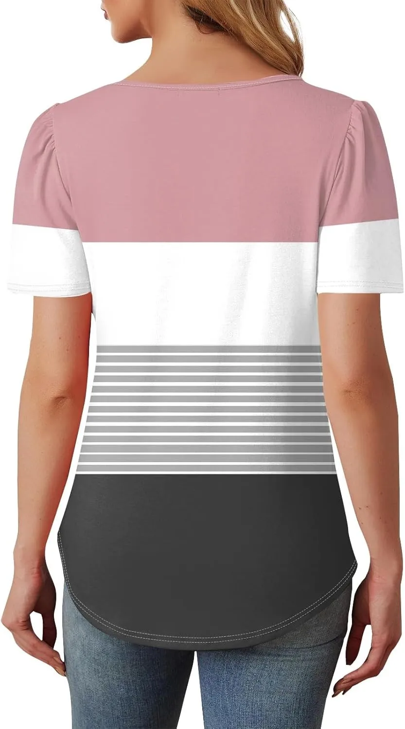 Womens Henley Short Sleeve Summer Dressy Casual Pleated Round Neck Tunic Graphic Tees With Leggings Shirts