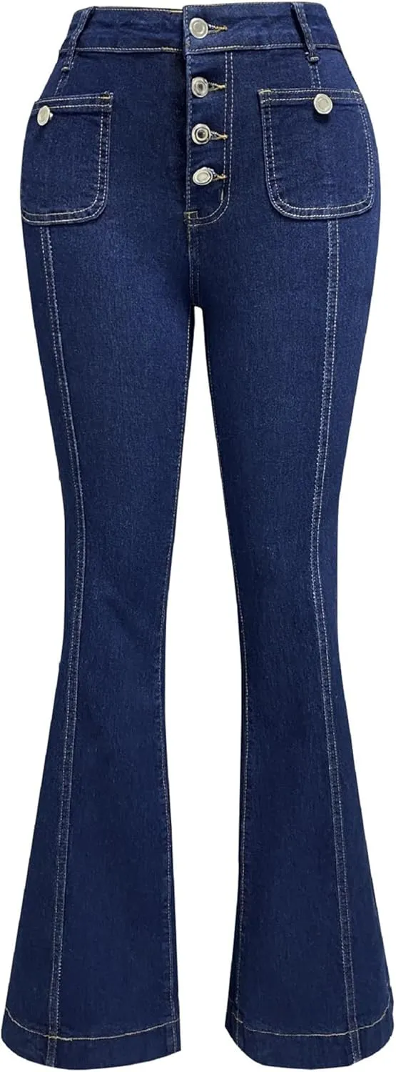 Women's High Waisted Jeans Boyfriend Flare Casual Stretch Bootcut Denim Pants with Pocket