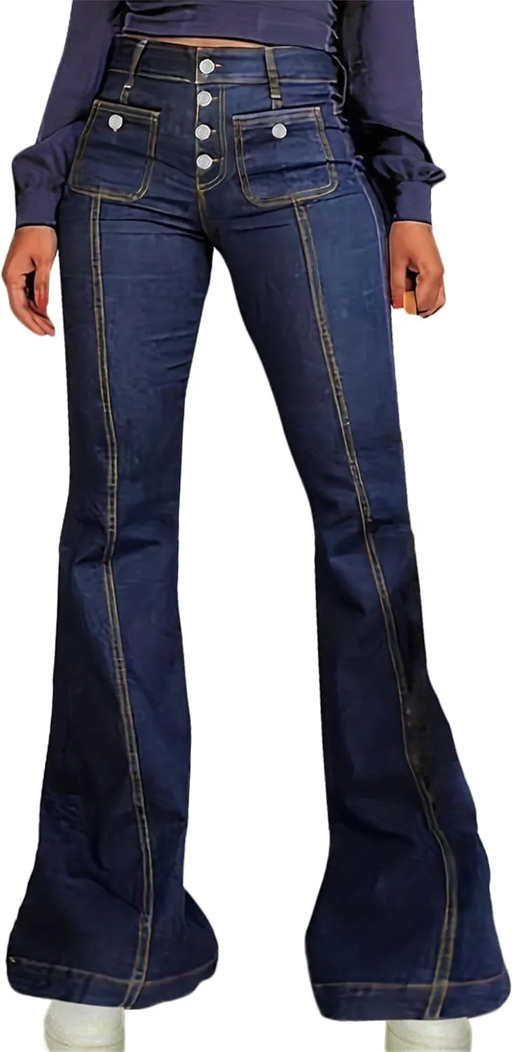 Women's High Waisted Jeans Boyfriend Flare Casual Stretch Bootcut Denim Pants with Pocket