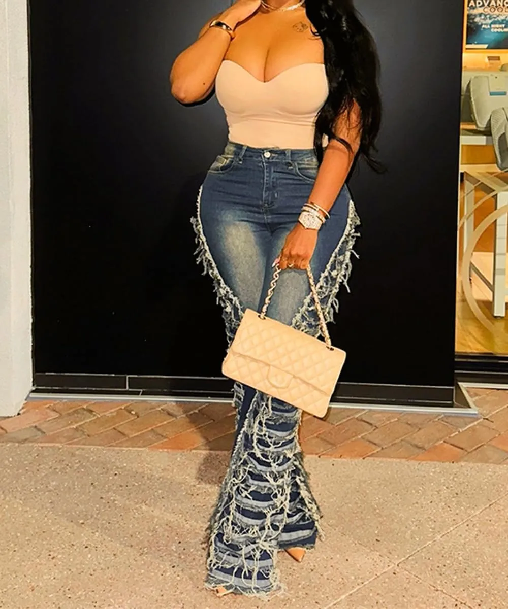 Women's High Waisted Jeans Skinny Stretch Raw Edge Tassel Distressed Bootcut Straight Leg Denim Pants