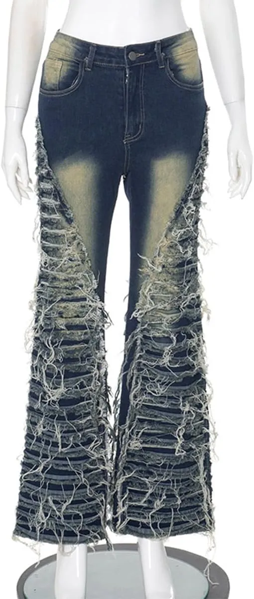 Women's High Waisted Jeans Skinny Stretch Raw Edge Tassel Distressed Bootcut Straight Leg Denim Pants