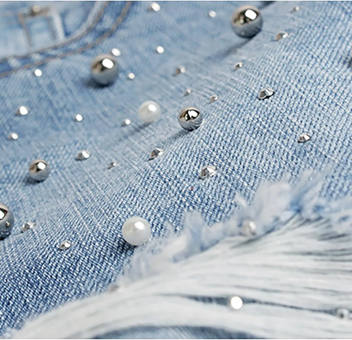 Women's High Waisted Jeans Solid Color Pearl Studded Bead Hot Drill Women's Dance Shorts