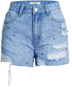 Women's High Waisted Jeans Solid Color Pearl Studded Bead Hot Drill Women's Dance Shorts