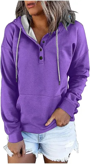 Womens Hooded Sweatshirts Pullover Comfy Long Sleeve Pullover Tops Button Up Loose Fit Blouses Shirts with Pockets