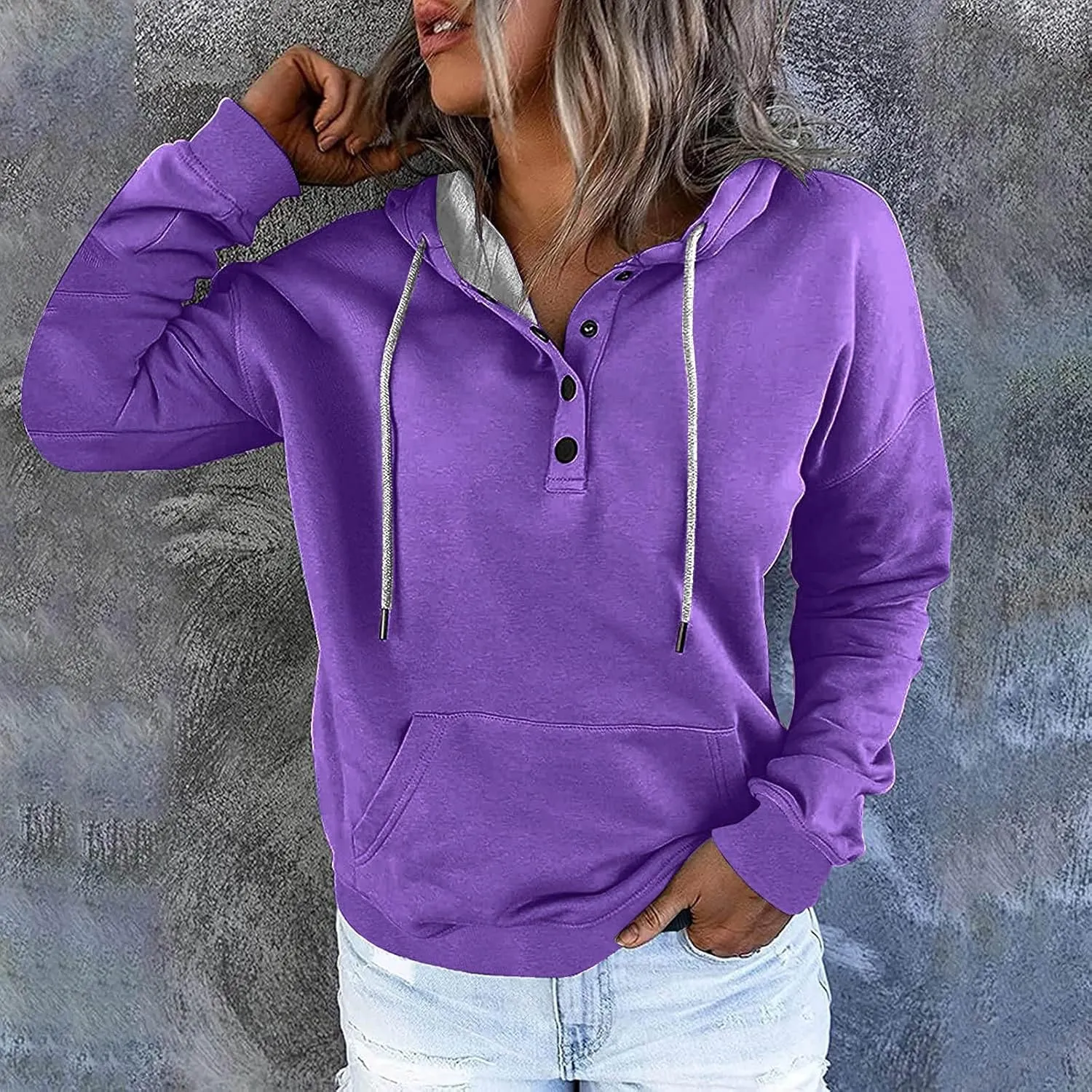 Womens Hooded Sweatshirts Pullover Comfy Long Sleeve Pullover Tops Button Up Loose Fit Blouses Shirts with Pockets