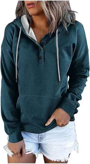 Womens Hooded Sweatshirts Pullover Comfy Long Sleeve Pullover Tops Button Up Loose Fit Blouses Shirts with Pockets