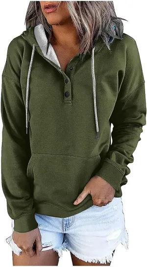 Womens Hooded Sweatshirts Pullover Comfy Long Sleeve Pullover Tops Button Up Loose Fit Blouses Shirts with Pockets