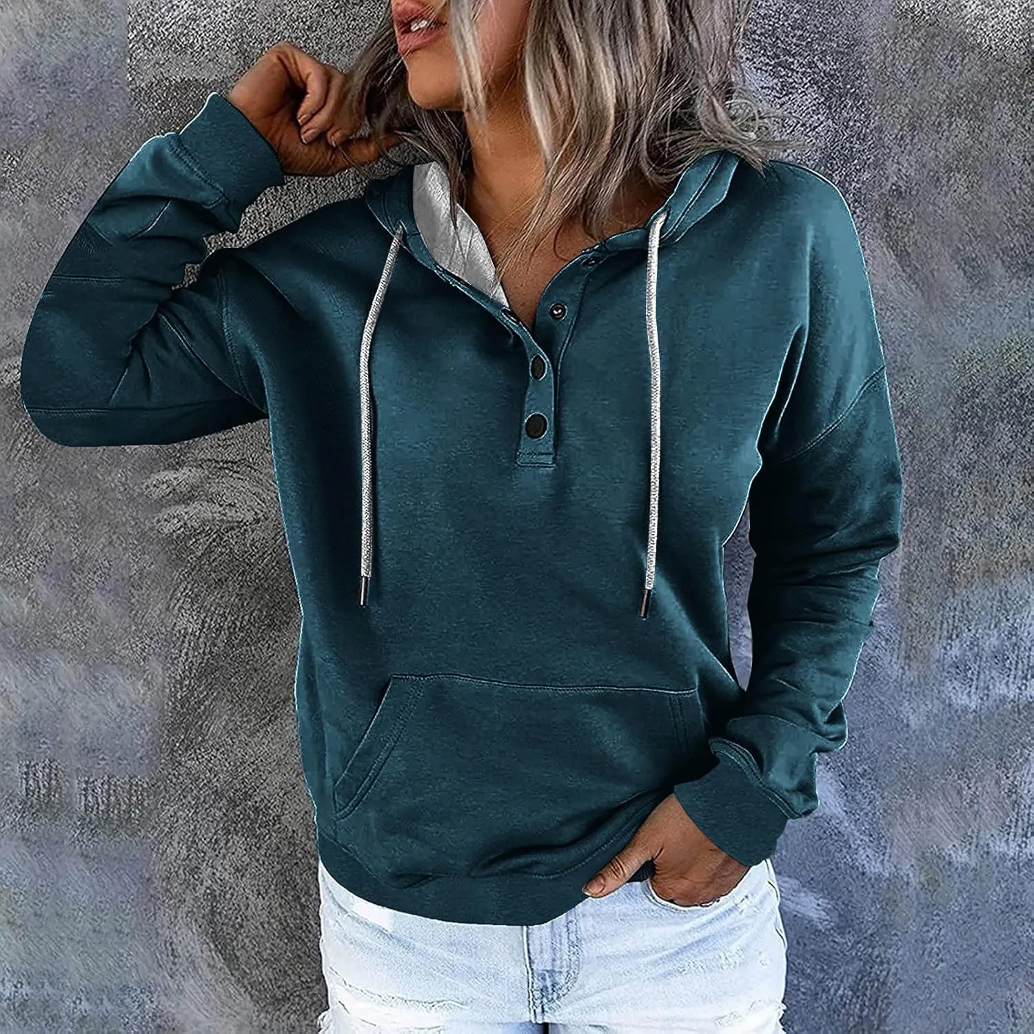 Womens Hooded Sweatshirts Pullover Comfy Long Sleeve Pullover Tops Button Up Loose Fit Blouses Shirts with Pockets