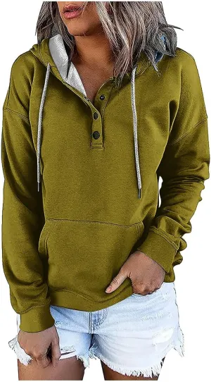 Womens Hooded Sweatshirts Pullover Comfy Long Sleeve Pullover Tops Button Up Loose Fit Blouses Shirts with Pockets