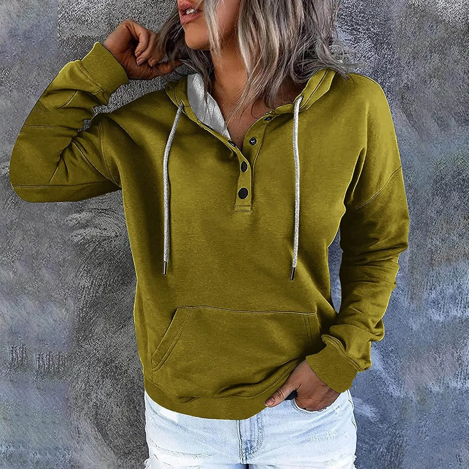 Womens Hooded Sweatshirts Pullover Comfy Long Sleeve Pullover Tops Button Up Loose Fit Blouses Shirts with Pockets