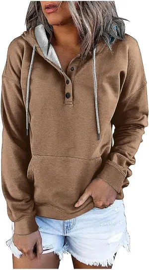 Womens Hooded Sweatshirts Pullover Comfy Long Sleeve Pullover Tops Button Up Loose Fit Blouses Shirts with Pockets