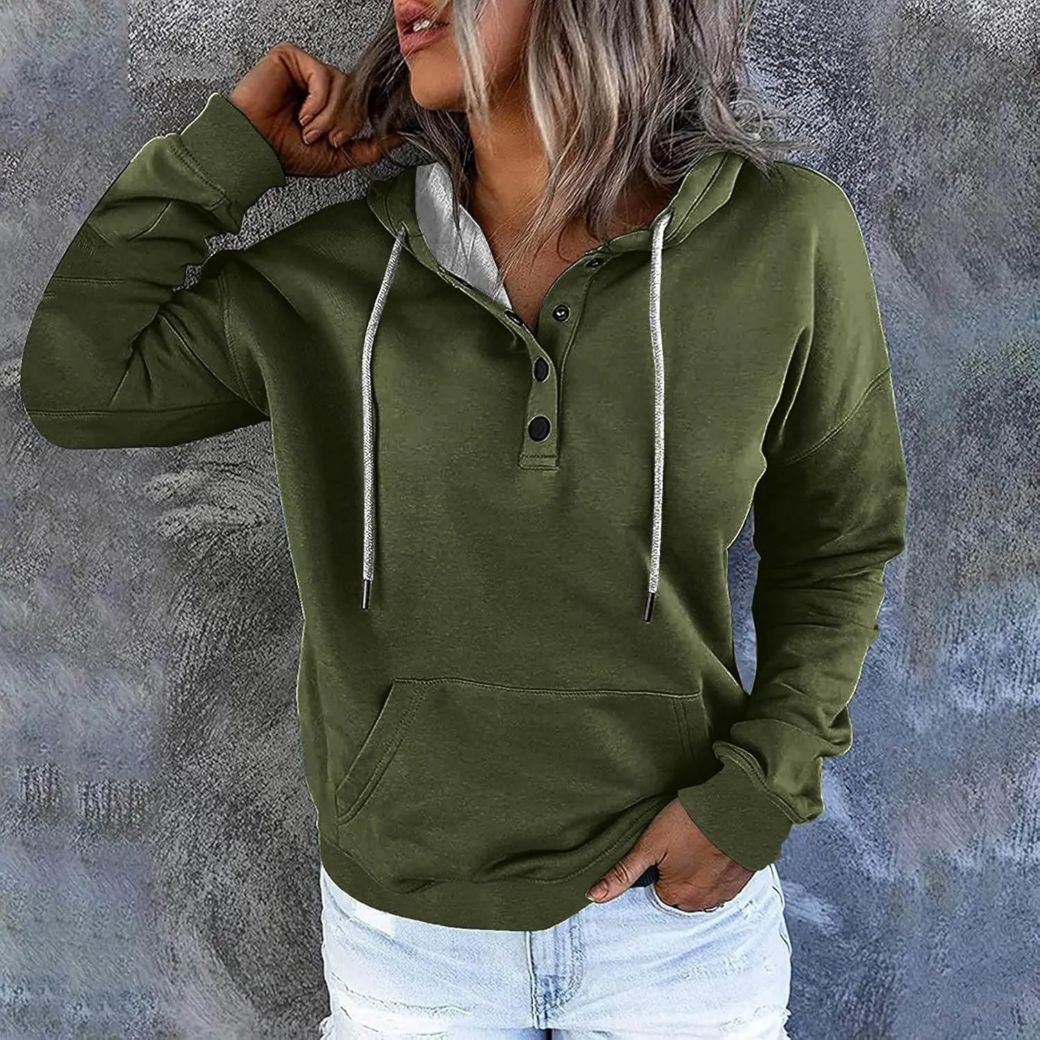 Womens Hooded Sweatshirts Pullover Comfy Long Sleeve Pullover Tops Button Up Loose Fit Blouses Shirts with Pockets