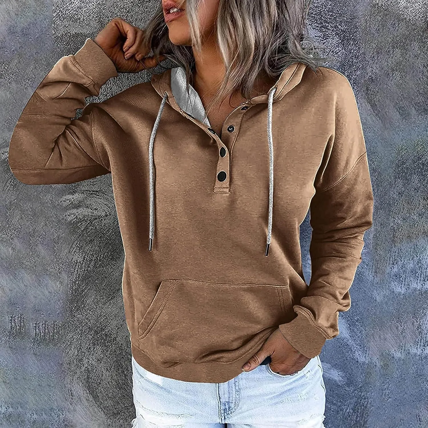 Womens Hooded Sweatshirts Pullover Comfy Long Sleeve Pullover Tops Button Up Loose Fit Blouses Shirts with Pockets