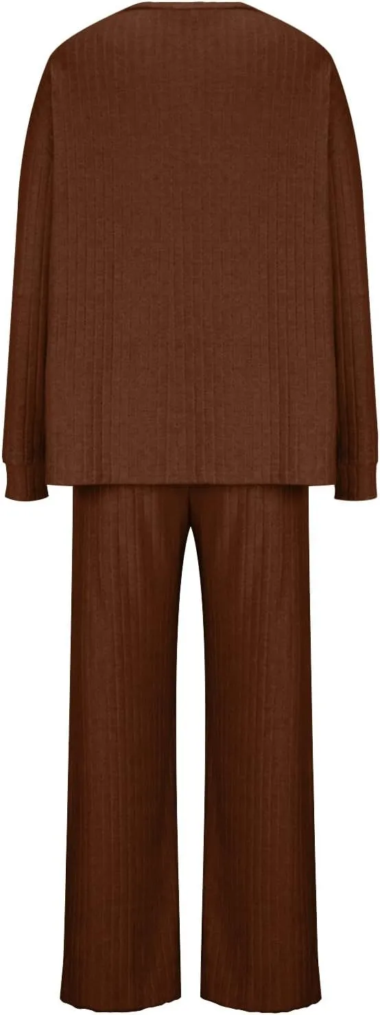 Womens Knitted Sets Solid 2 Piece Outfits Long Sleeve Pullover Tops Wide Leg Pants Loungewear Outfits