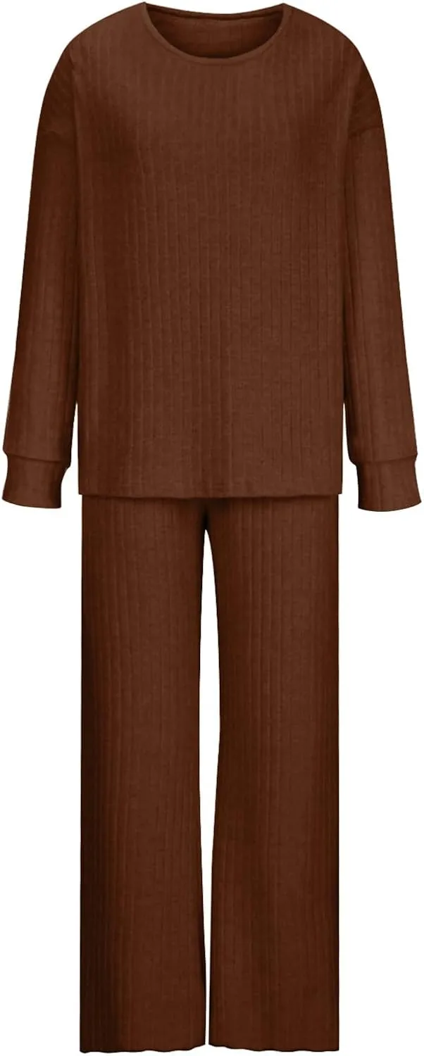 Womens Knitted Sets Solid 2 Piece Outfits Long Sleeve Pullover Tops Wide Leg Pants Loungewear Outfits