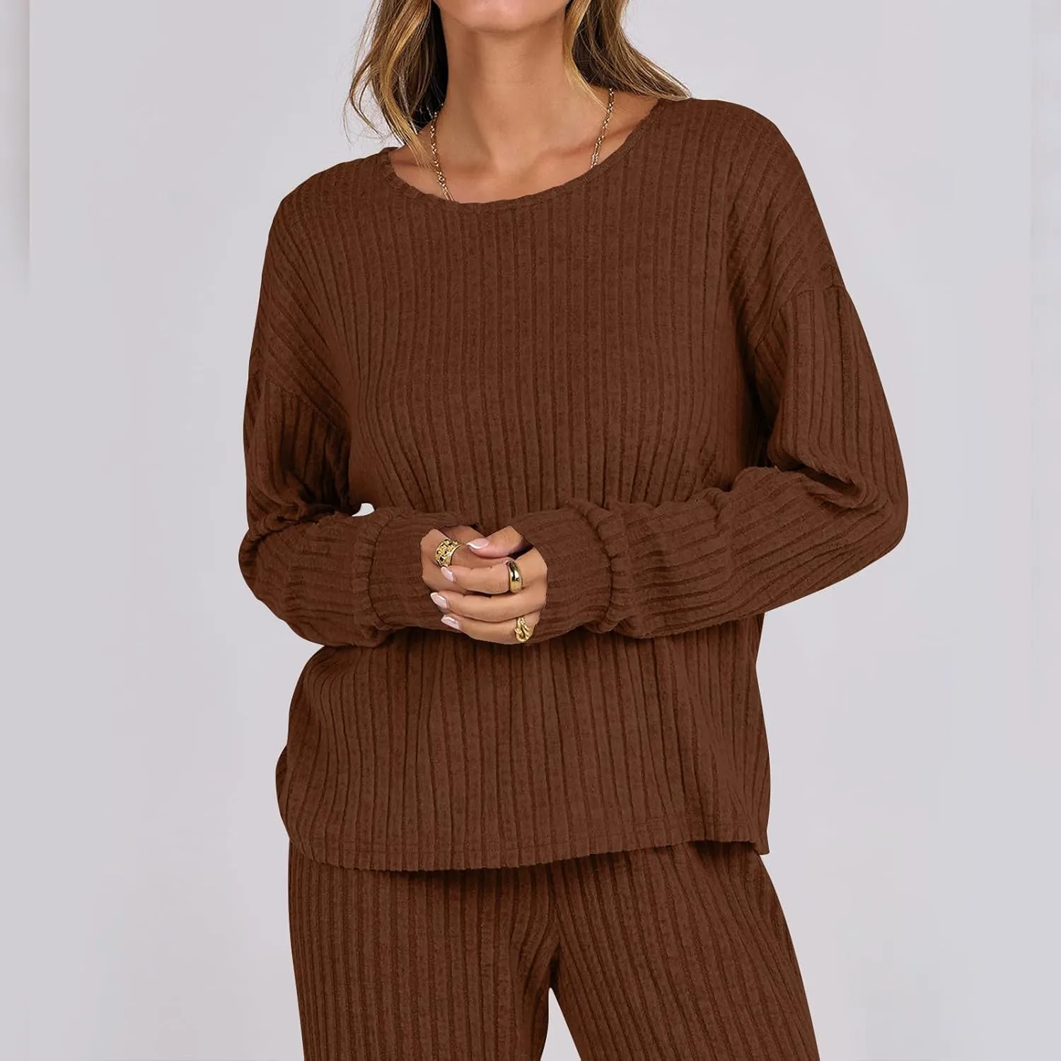 Womens Knitted Sets Solid 2 Piece Outfits Long Sleeve Pullover Tops Wide Leg Pants Loungewear Outfits