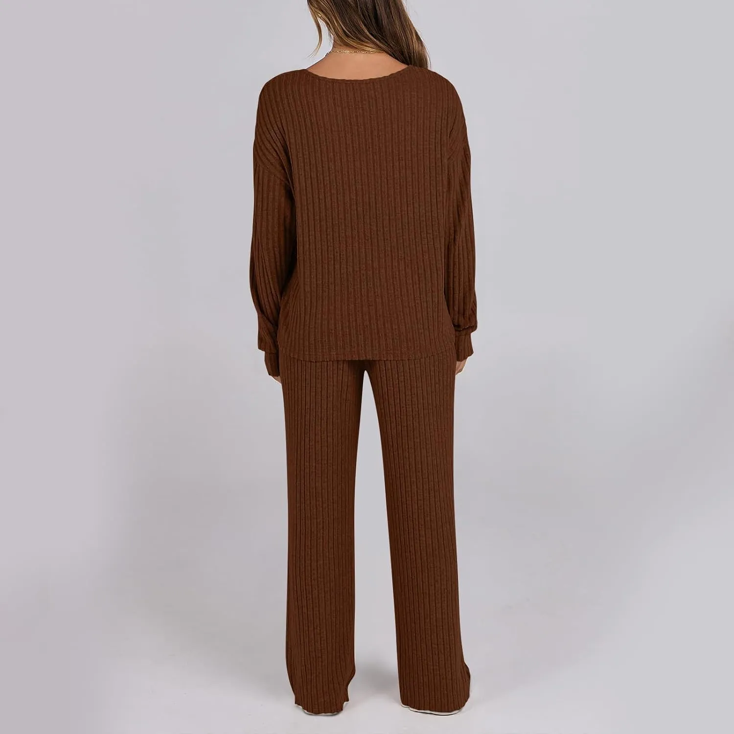 Womens Knitted Sets Solid 2 Piece Outfits Long Sleeve Pullover Tops Wide Leg Pants Loungewear Outfits
