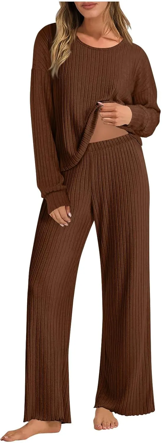 Womens Knitted Sets Solid 2 Piece Outfits Long Sleeve Pullover Tops Wide Leg Pants Loungewear Outfits