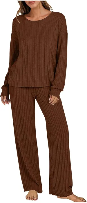 Womens Knitted Sets Solid 2 Piece Outfits Long Sleeve Pullover Tops Wide Leg Pants Loungewear Outfits