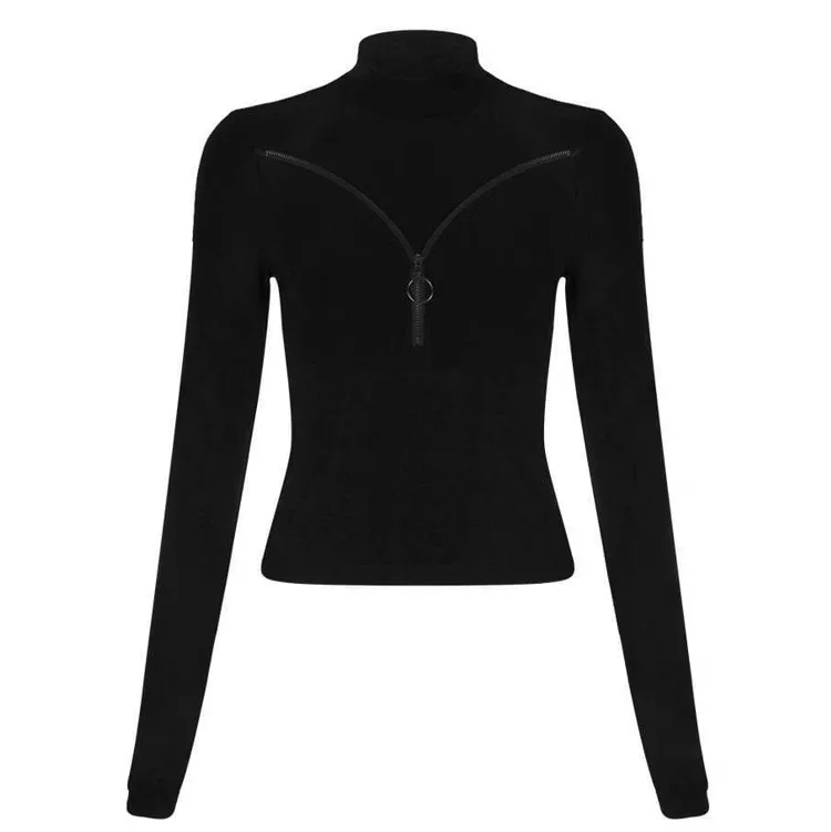 Women's Knitted Zippered High Neck Long Sleeved Tops