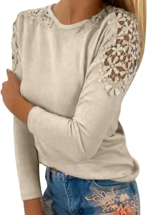 Womens Lace Crochet Tunic Tops Loose Fit Dressy Casual Short Sleeve Floral Long Sleeve Blouses Shirts Pullovers