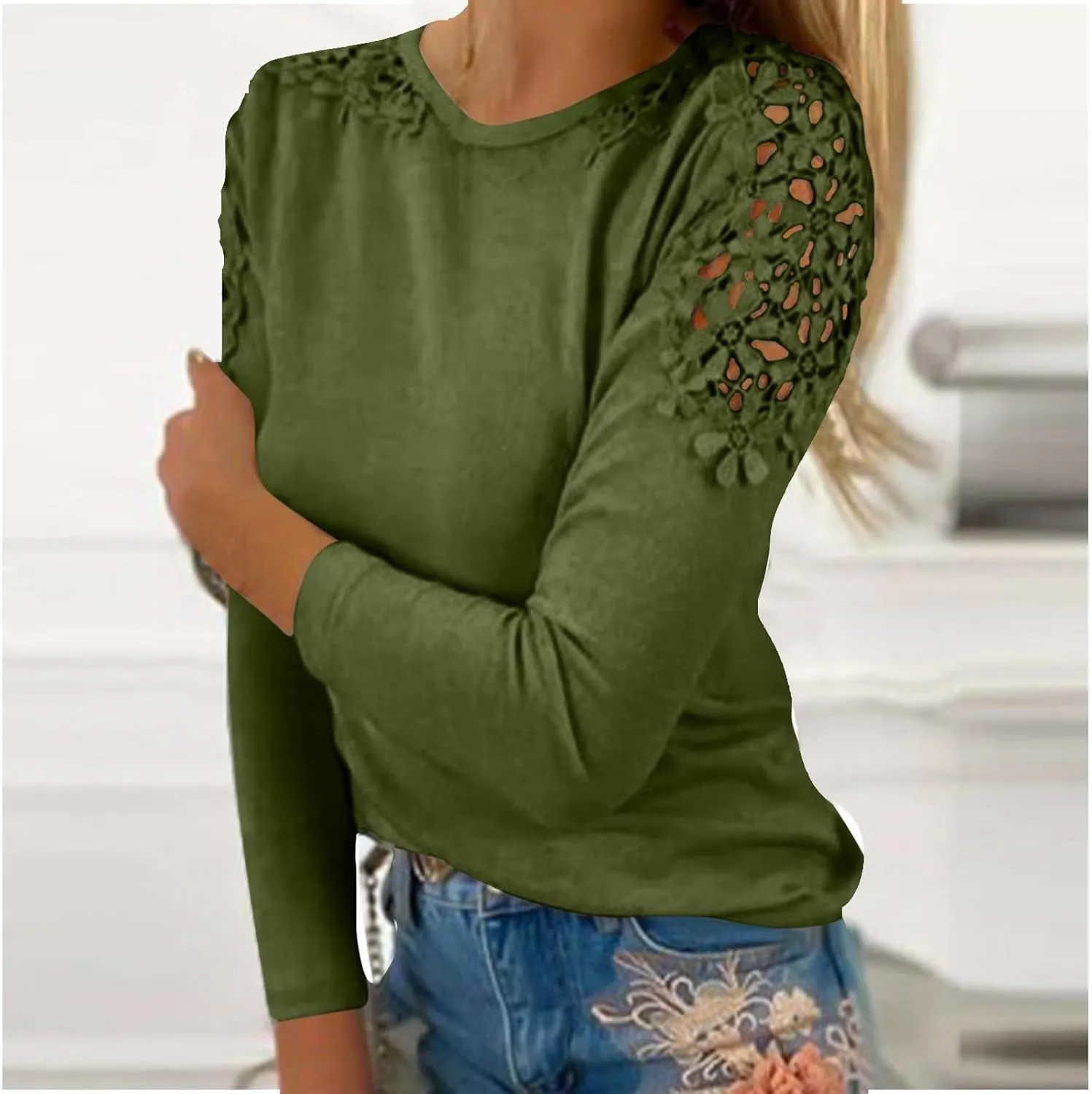 Womens Lace Crochet Tunic Tops Loose Fit Dressy Casual Short Sleeve Floral Long Sleeve Blouses Shirts Pullovers
