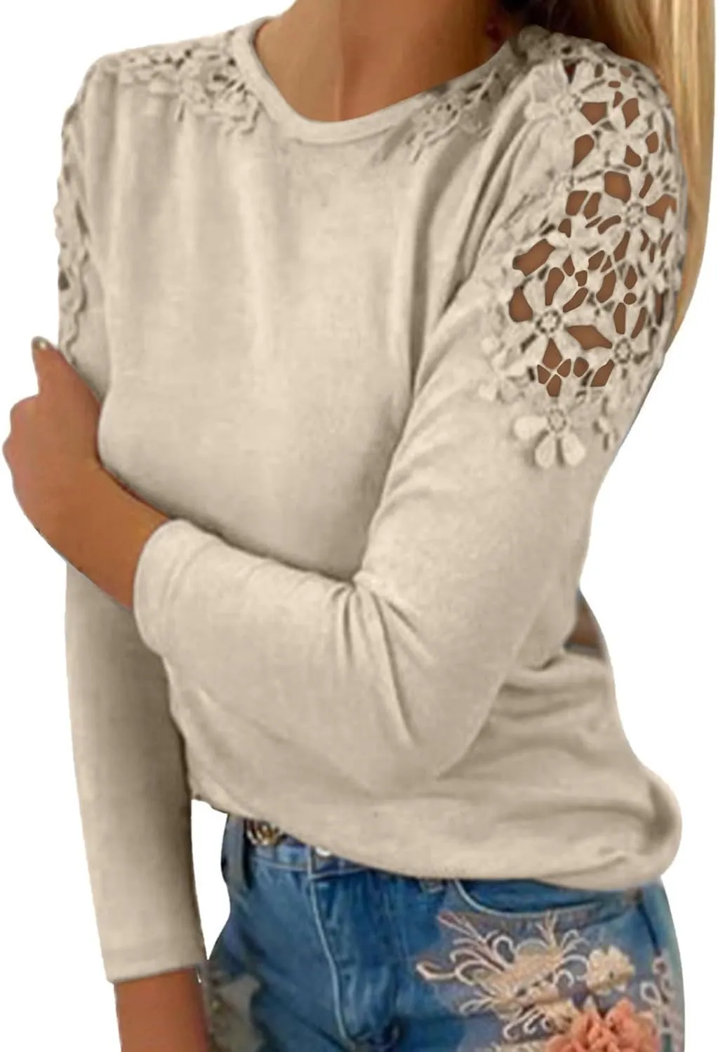 Womens Lace Crochet Tunic Tops Loose Fit Dressy Casual Short Sleeve Floral Long Sleeve Blouses Shirts Pullovers