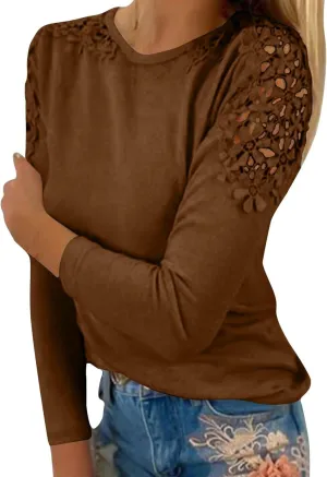 Womens Lace Crochet Tunic Tops Loose Fit Dressy Casual Short Sleeve Floral Long Sleeve Blouses Shirts Pullovers