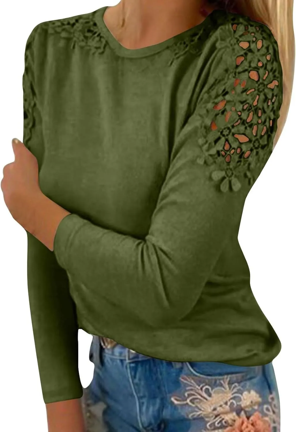 Womens Lace Crochet Tunic Tops Loose Fit Dressy Casual Short Sleeve Floral Long Sleeve Blouses Shirts Pullovers