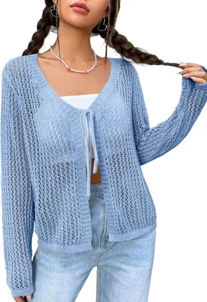 Womens Lightweight Crochet Cardigan Tie Front Shrugs Knit Crop Tops