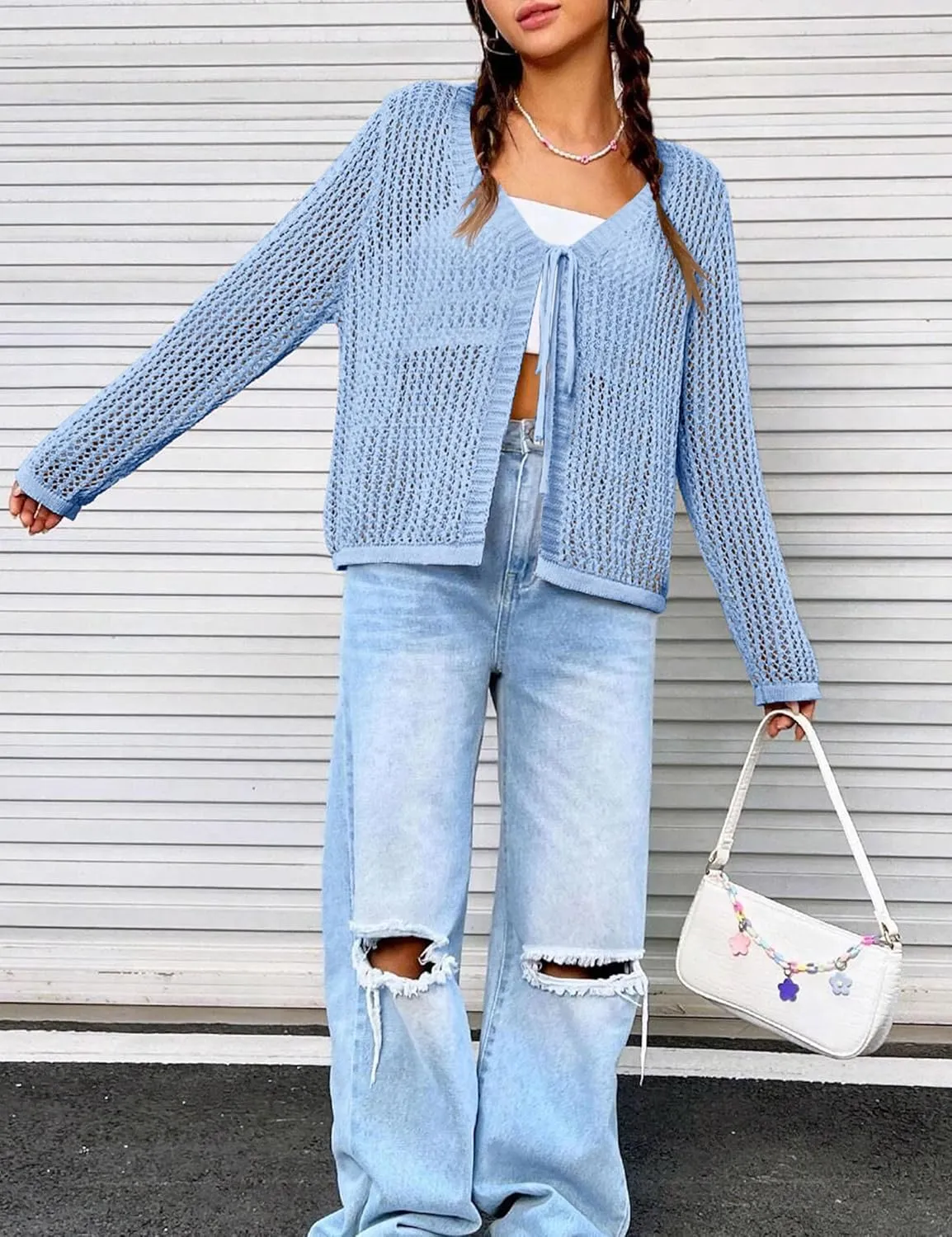 Womens Lightweight Crochet Cardigan Tie Front Shrugs Knit Crop Tops