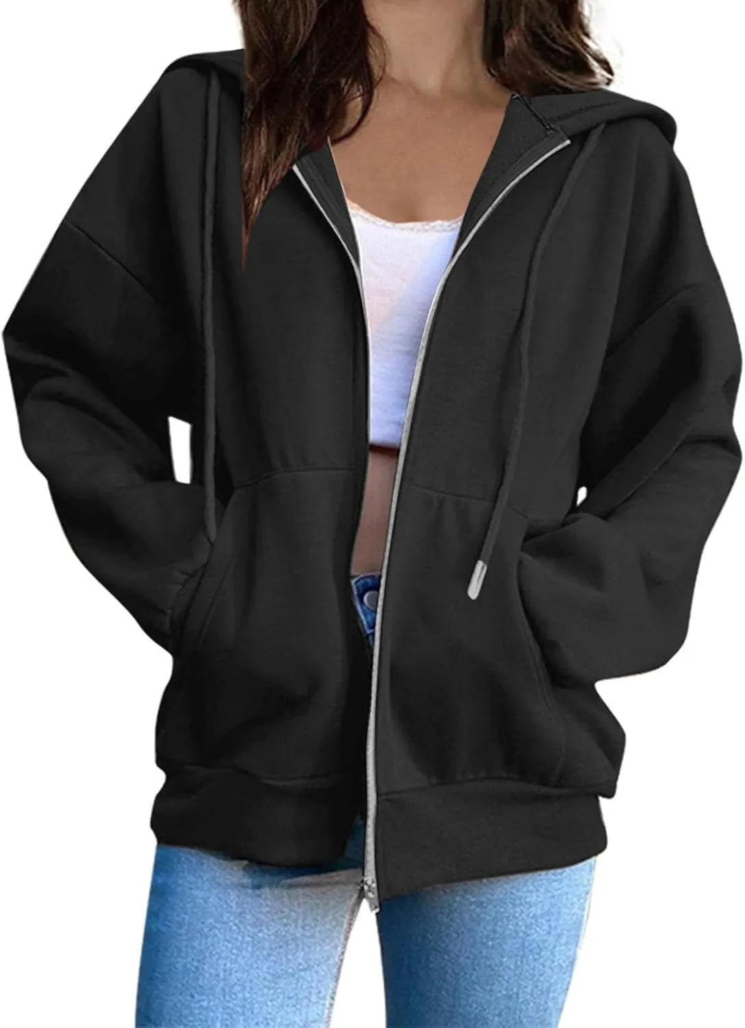 Women's Lightweight Hoodies Full Zip Up Oversized Sweatshirts with Pockets Long Sleeve Thick Casual Hooded Jackets