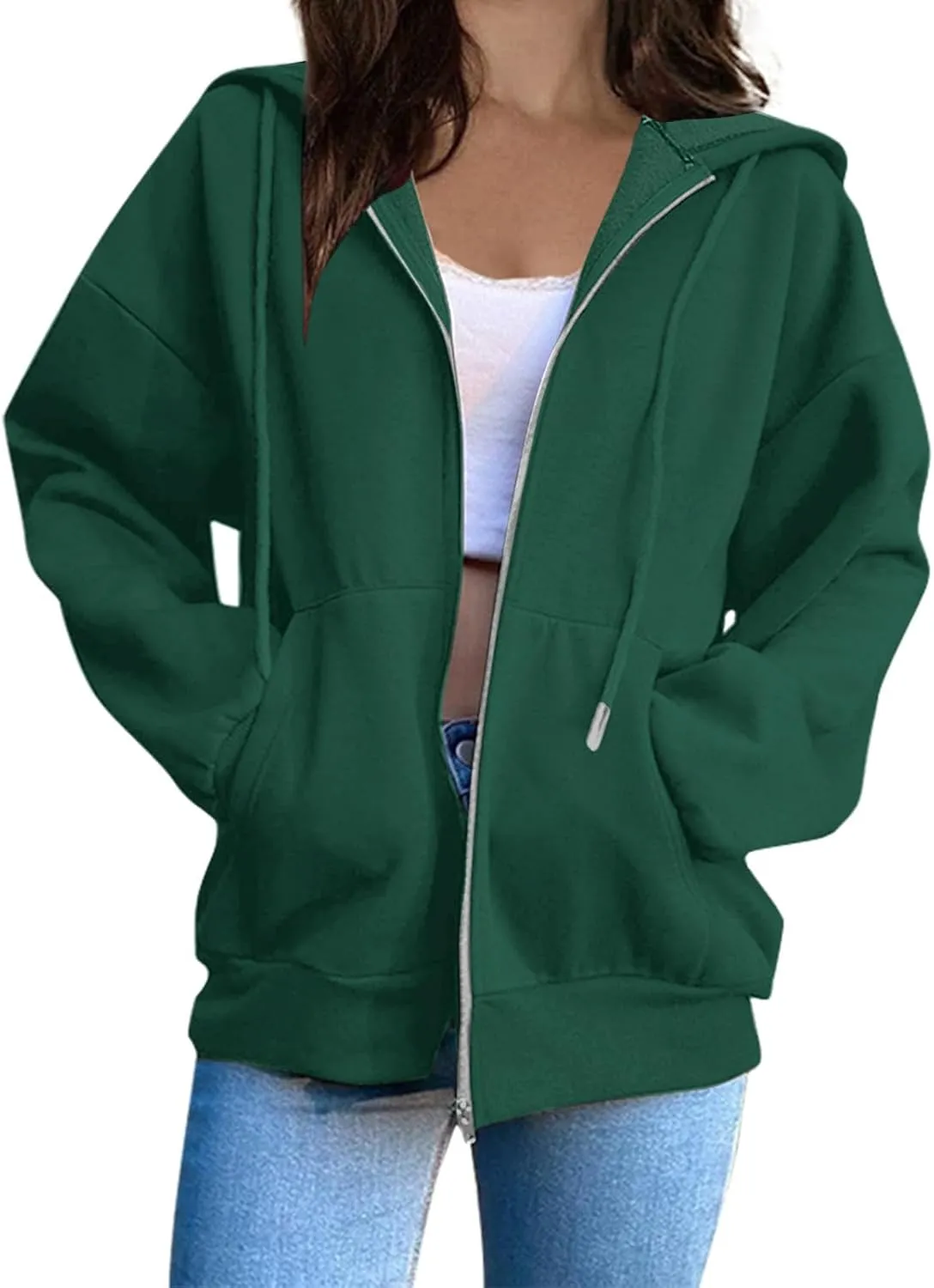 Women's Lightweight Hoodies Full Zip Up Oversized Sweatshirts with Pockets Long Sleeve Thick Casual Hooded Jackets