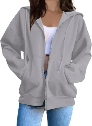 Women's Lightweight Hoodies Full Zip Up Oversized Sweatshirts with Pockets Long Sleeve Thick Casual Hooded Jackets