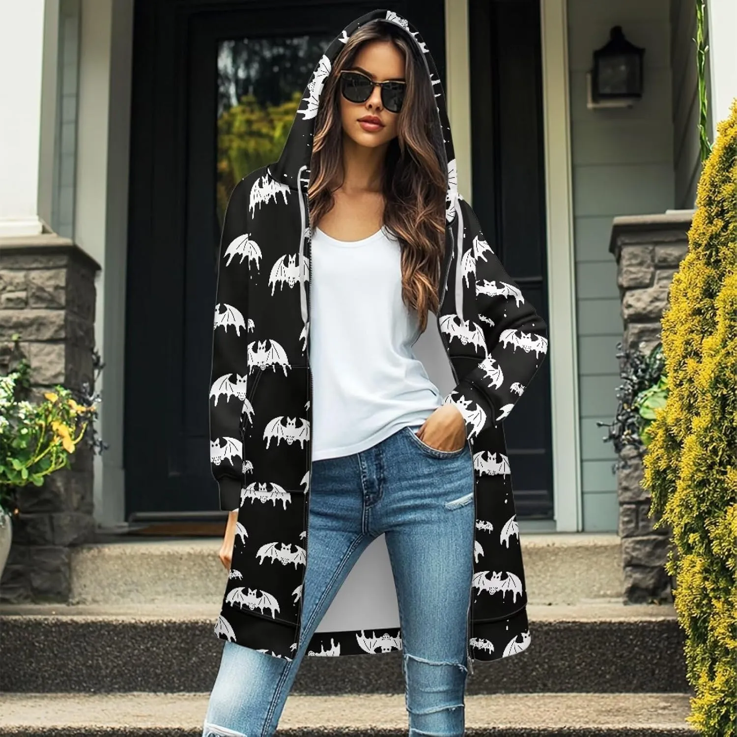 Womens Lightweight Hoodies with Pockets Zip Up Knee Length Jacket Coat Sweatshirts Trendy Casual Outwear Coats