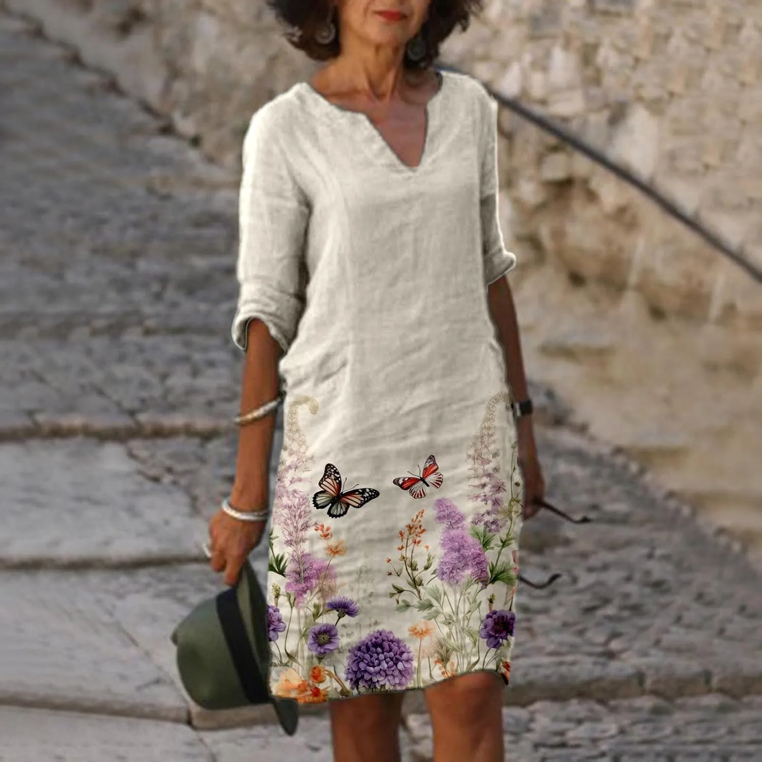 Womens Linen Dress Comfy Fashion Elegant Flower Print Short Sleeve Pastel Dress Work Spring 80S Outfit for Women