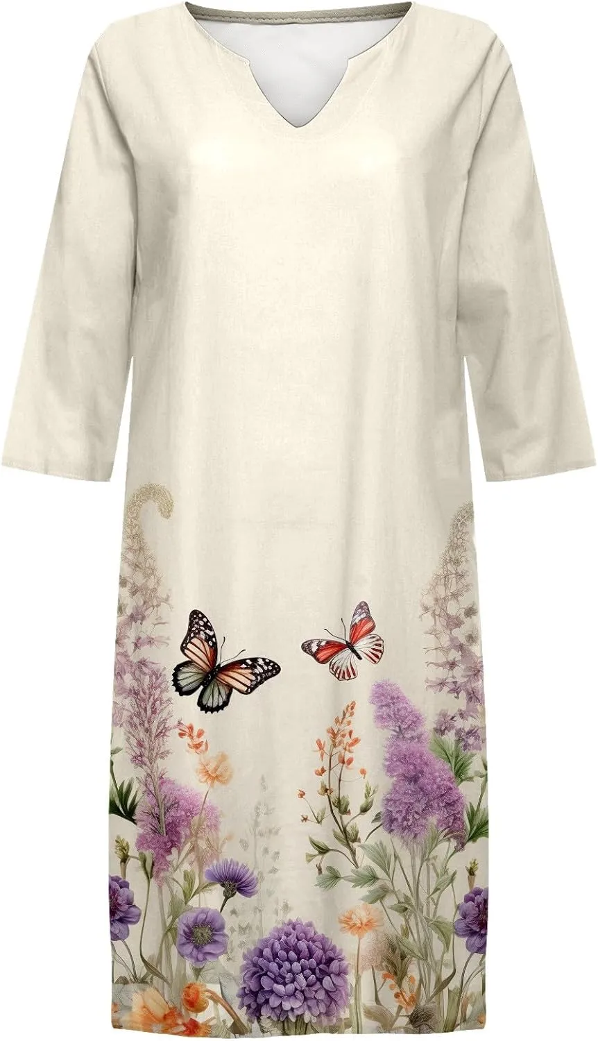 Womens Linen Dress Comfy Fashion Elegant Flower Print Short Sleeve Pastel Dress Work Spring 80S Outfit for Women