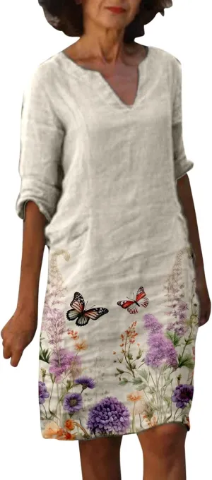 Womens Linen Dress Comfy Fashion Elegant Flower Print Short Sleeve Pastel Dress Work Spring 80S Outfit for Women