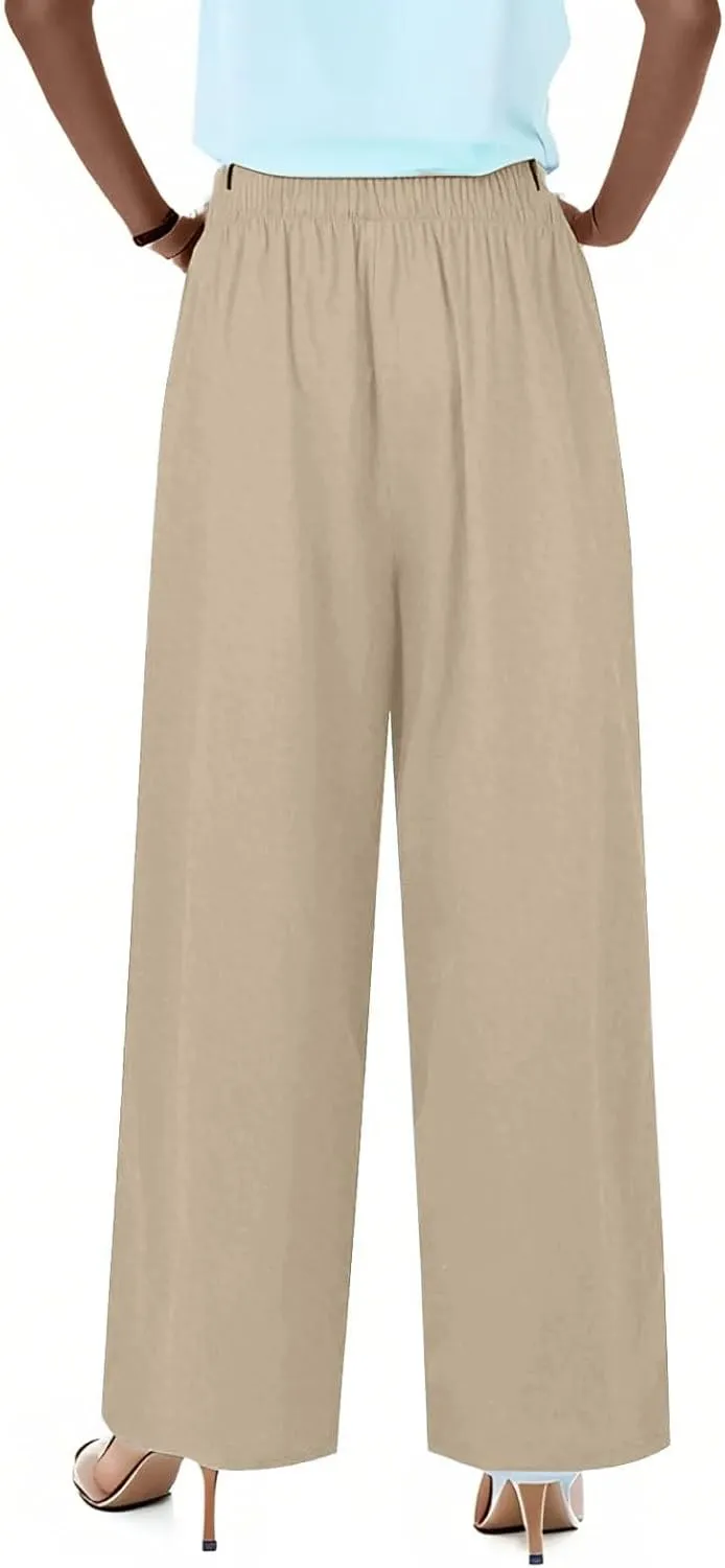 Women's Linen Wide Leg Pants High Waist Drawstring Flowy Palazzo Pants with Pockets Summer Casual Work Trousers