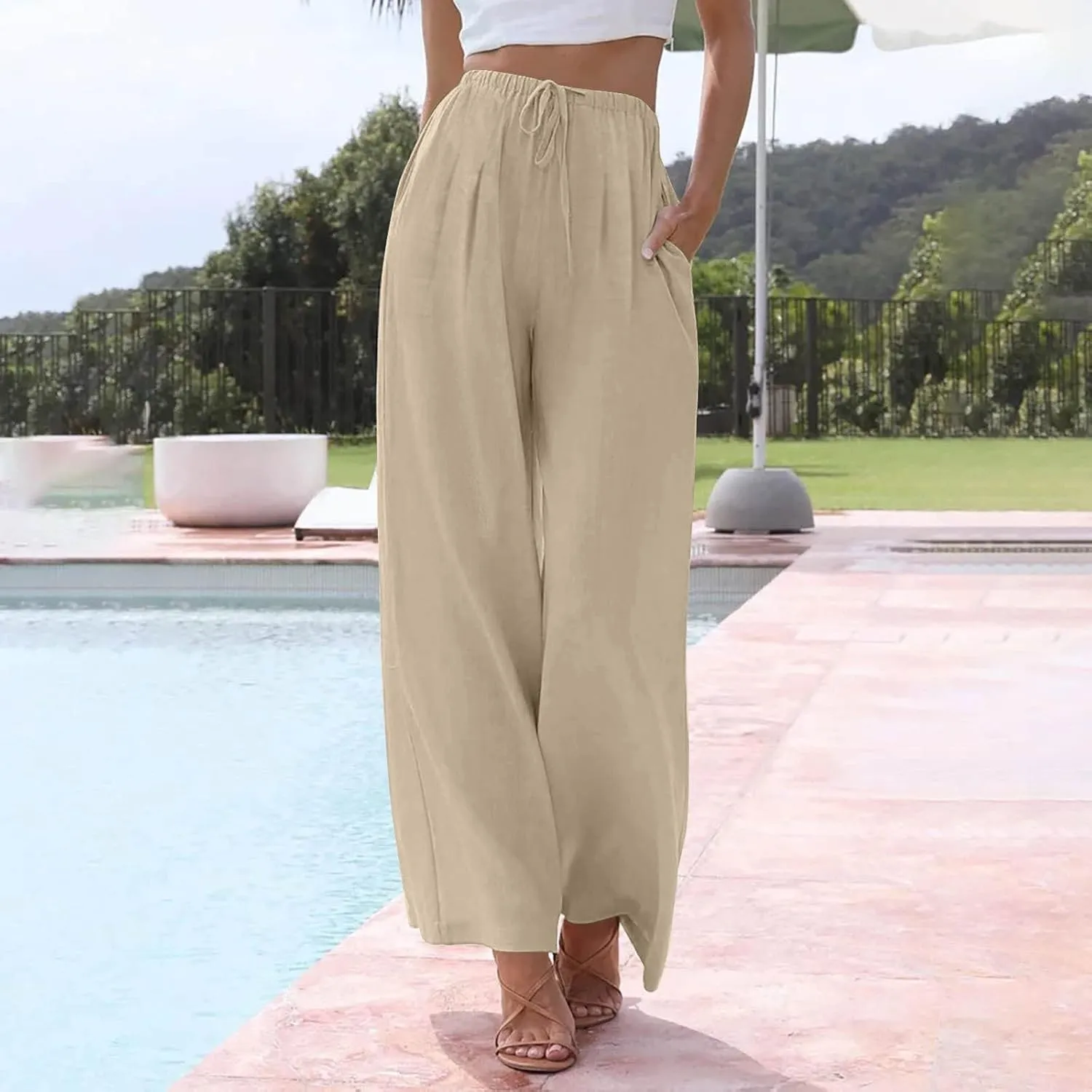 Women's Linen Wide Leg Pants High Waist Drawstring Flowy Palazzo Pants with Pockets Summer Casual Work Trousers