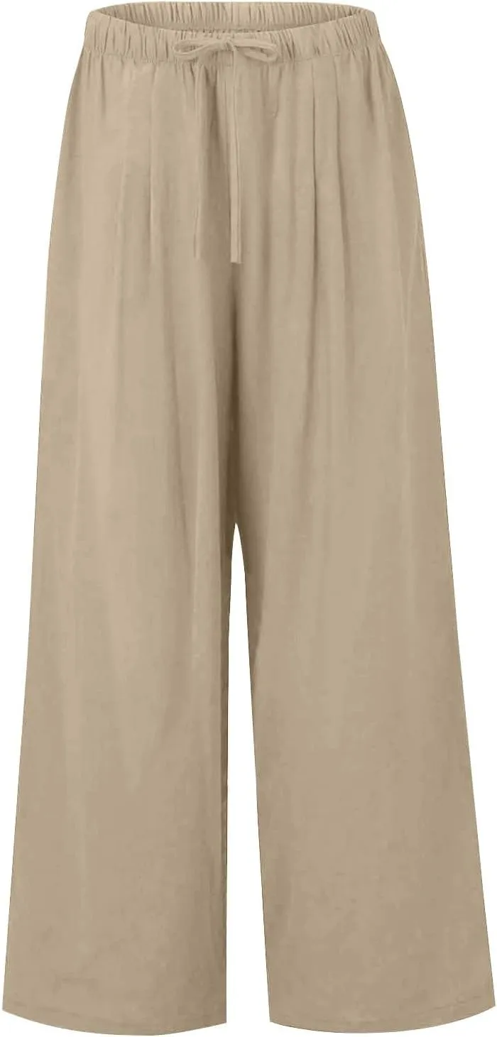 Women's Linen Wide Leg Pants High Waist Drawstring Flowy Palazzo Pants with Pockets Summer Casual Work Trousers