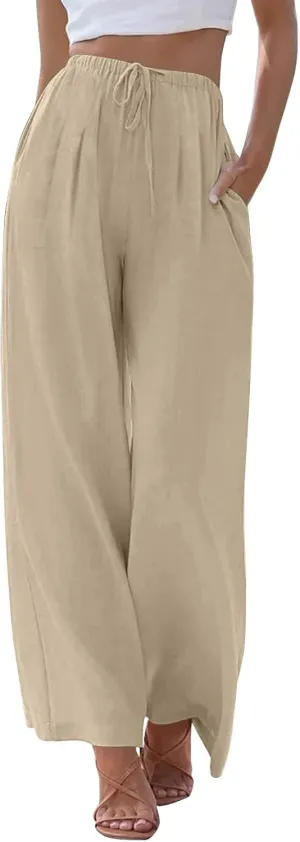 Women's Linen Wide Leg Pants High Waist Drawstring Flowy Palazzo Pants with Pockets Summer Casual Work Trousers