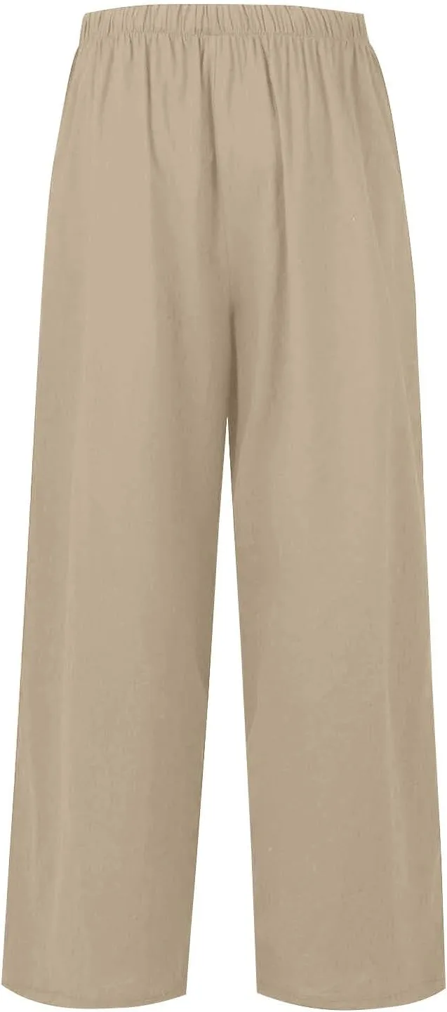 Women's Linen Wide Leg Pants High Waist Drawstring Flowy Palazzo Pants with Pockets Summer Casual Work Trousers