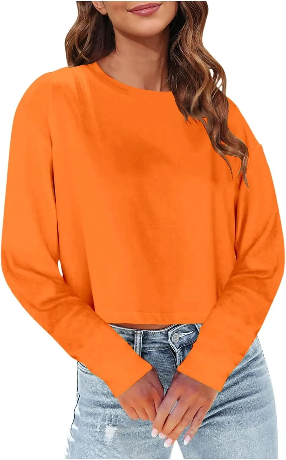 Womens Long Sleeve Cropped T-Shirts Round Neck Drop Shoulder Crop Sweatshirts Solid Casual Crop Tops