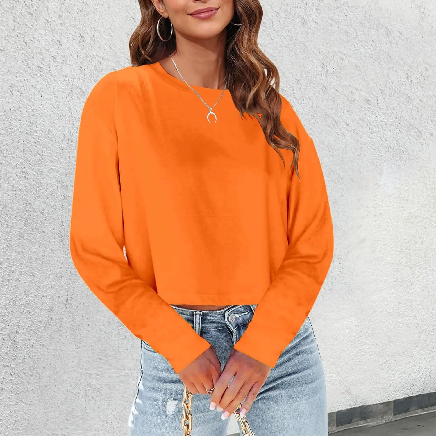 Womens Long Sleeve Cropped T-Shirts Round Neck Drop Shoulder Crop Sweatshirts Solid Casual Crop Tops